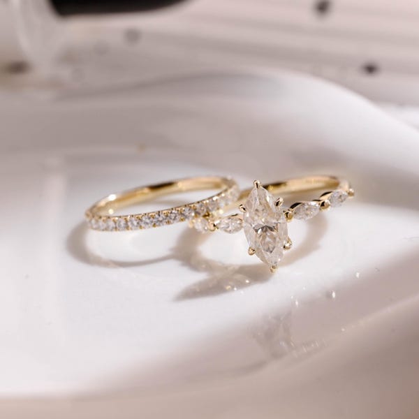 Solid Gold Hidden Halo Marquise Cut Moissanite Engagement Ring Set, Bridal Set, Full Eternity Wedding Band