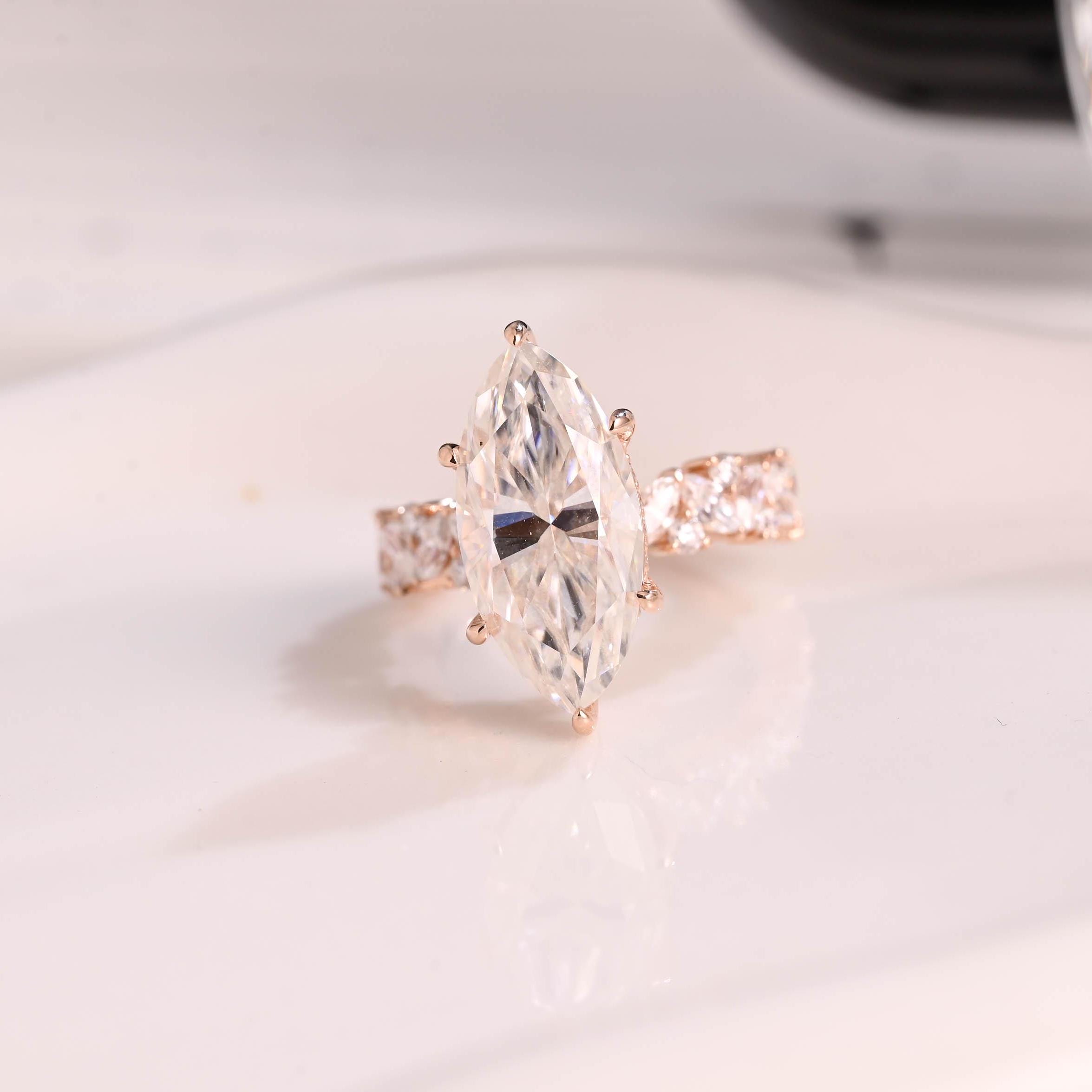 Solid Gold Hidden Halo Marquise Moissanite Engagement Ring, Vintage Pave Promise Ring, Wide Band Proposal Ring, Birthday Gift for Women