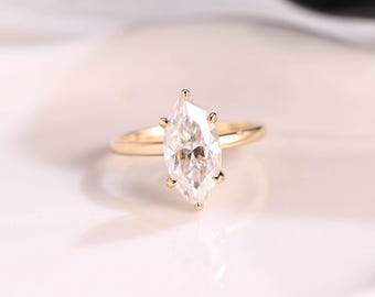 Solid Gold Hidden Halo Marquise Cut Moissanite Engagement Ring, Dainty Promise Ring, Minimalist Wedding Ring, Anniversary Gift for Wife
