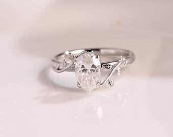 Solid Gold Solitaire Pear Cut Moissanite Engagement Ring Leaf Ring, Pear Shape Promise Ring