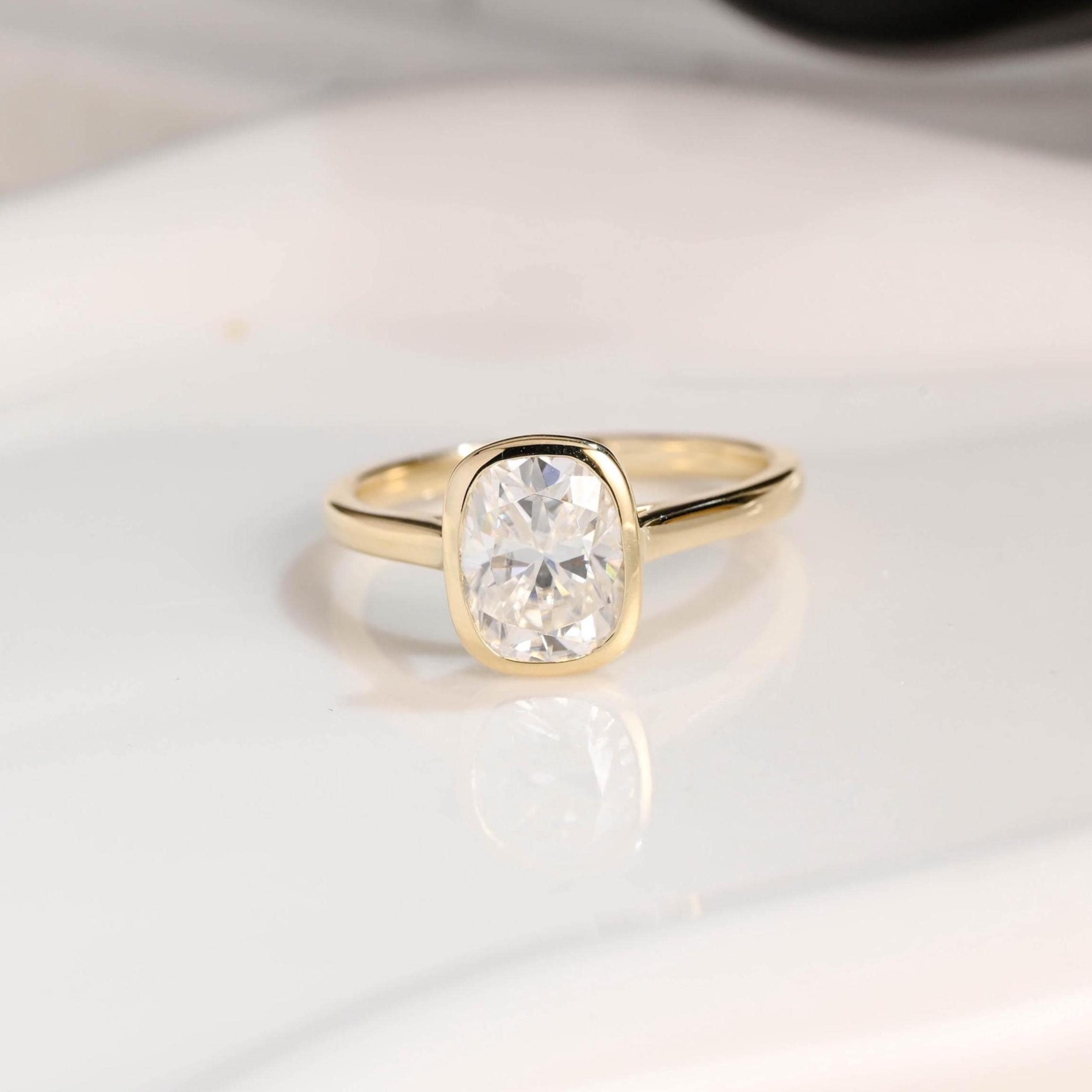 Solid Gold Elongated Cushion Cut Moissanite Engagement Ring Bezel Ring, Solitaire Promise Ring, Cathedral Proposal Ring, Birthday Gifts