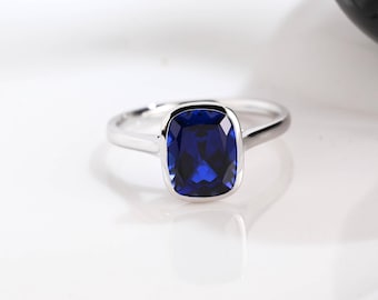 Solid Gold Solitaire Elongated Cushion Cut Blue Sapphire Engagement Ring Bezel Ring, Cathedral Ring