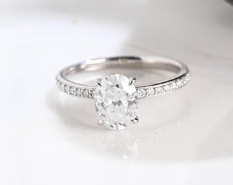 Solid Gold Oval Cut Moissanite Engagement Ring Paved Band