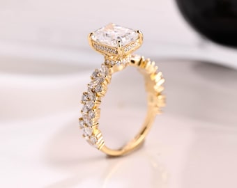 Solid Gold Hidden Halo Radiant Cut Moissanite Engagement Ring, Pave Promise Ring, Proposal Ring, Wedding Ring, Birthday Gift for Women Wife
