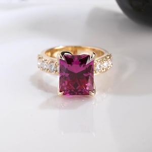 Solid Gold 5mm Width Radiant Cut Ruby Engagement Ring Tulip Set, Paved Band