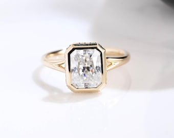 Solid Gold Radiant Cut Moissanite Engagement Ring Split Shank, Halo Ring