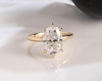 Solid Gold Hidden Halo Oval Cut Moissanite Engagement Ring 6 Prongs