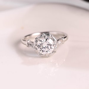 Solid Gold Milgrain Round Cut Moissanite Engagement Ring Cathedral Ring, Cathedral Promise Ring, Filigree Proposal Ring, Gift for Women Wife