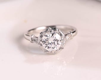 Solid Gold Milgrain Round Cut Moissanite Engagement Ring Cathedral Ring, Filigree Ring