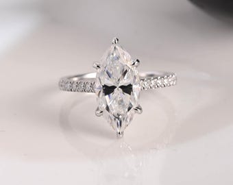 Solid Gold Hidden Halo Marquise Cut Moissanite Engagement Ring Cathedral Set, Half Pave Promise Ring