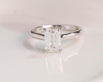 Solitaire IGI Certified Emerald Cut Diamond Engagement Ring Cathedral Set, Solid Gold Ring