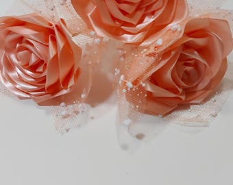 Handmade Satin Ribbon Rose, Tulle and Pearl Corsage Flower