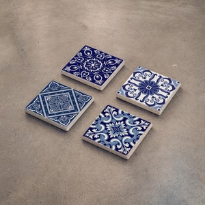 Blue Tile Stone Coaster Set, Mexican Talavera, Wood Coasters, Tile Design, Boho Barware, Naturel Stone, Gift for Her, Gift for Him