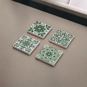 Green Tile Stone Coasters, Mexican Talavera Tile Wood Coasters, Gift for Her, Moroccan Tile, Drink Coasters,Spanish Mediterranean, Tulip Art