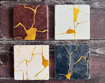 Kintsugi Stone Coasters Set, Kintsugi Art Wood Coasters, Kintsugi Tile Art, Kintsugi Set, Kintsugi Decor, Housewarming Gift, Gift for Mom