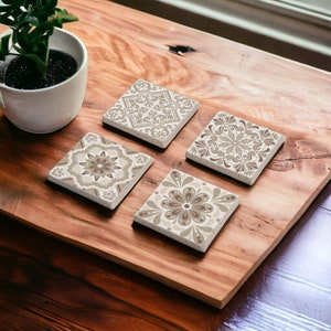 Beige Tile Stone Coasters, Mexican Talavera Tile Wood Coasters, Moroccan Tile, Tile Design, Spanish Mediterranean, Tulip Art, Gift for Her