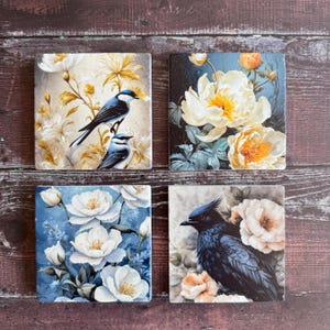 Birds and Flowers Stone Coasters, Flowers Coaster Set, Birds Coasters, Colorful Birds with Floral, Floral Coasters and Decor, Wood Coasters