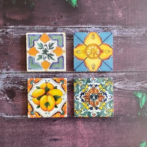 Mexican Talavera Tile Stone Coasters, Cork Backing Coasters Set, Tile Design, Spanish Mediterranean Decor, Tulip Art, Gift for Her