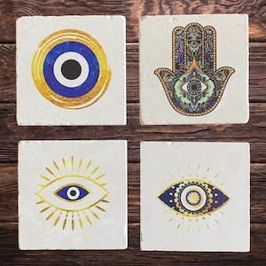 Hand of Fatima Hamsa Hand Stone Coasters, All Seeing Eye Evil Eye Coasters Set, Decorative Tile Gift for Her