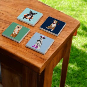 Dog Coaster Set of 4 – Funny Dog Lover Gift – Natural Stone Drink Coasters with Cute Dog Illustrations