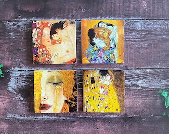 Gustav Klimt Stone Coasters, Tears of Gold Coasters Set of 4, William Morris, Art Nouveau Women Coasters, Wood Coasters, Gift for Her