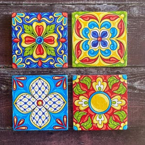 Mexican Talavera Tile Stone Coaster Set, Moroccan Tile Coasters, Ethnic Folk Ornament, Italian Pottery, Portuguese Azulejo, Spanish Majolica