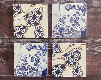 Kintsugi Stone Coasters Set, Kintsukuroi Art Wood Coasters, Kintsugi Tile Art, Kintsugi Set, Kintsugi Decor, Housewarming Gift, Gift for Mom
