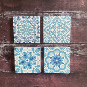 Blue Tile Stone Coasters, Mexican Talavera Tile Wood Coasters, Moroccan Tile, Spanish Mediterranean, Tulip Art, Housewarming Gift