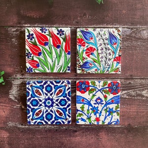 Blue Tile Stone Drink Coasters, Mexican Talavera, Moroccan Tile, Tile Design, Spanish Mediterranean, Drink Coasters, Tulip Art, Gift for Mom