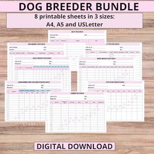Puede incluir: Hojas de registro de criador de perros imprimibles en rosa y azul. Las hojas incluyen secciones para registros de calor, registros de embarazo, registros de camada, registros de peso diario, registros de peso semanal, registros de desparasitación y vacunación, registros del propietario y registros posparto. El texto "DOG BREEDER BUNDLE" está en la parte superior de la imagen. El texto "8 printable sheets in 3 sizes: A4, A5 and USLetter" está debajo del título. El texto "DIGITAL DOWNLOAD" está en la parte inferior de la imagen.