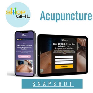 May include: Image promoting acupuncture services. Displays a tablet and smartphone showing a website interface. The text includes "Get $100 OFF" and "Save $100 OFF" on services. The word "Acupuncture" is prominently displayed.