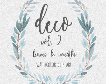 WATERCOLOR WREATHS + LEAVES, Deco Volume 2, commercial use, muted watercolor florals, soft sophisticated greenery wreaths, modern botanicals