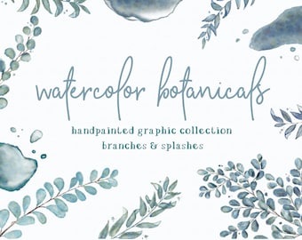 WATERCOLOR BOTANICALS CLIPART set, commercial use, muted watercolor florals, eucalyptus graphics, wreaths, modern splashes greenery leaves