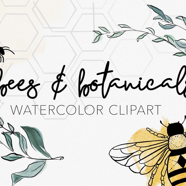 BEES + BOTANICALS | Watercolor Clipart Graphics | commercial use, wreaths, modern greens, SVG file, hive illustration, tattoo ink drawings