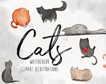 WATERCOLOR CAT ILLUSTRATIONS clipart, commercial use watercolor graphics, kittens, cat lady, nursery decor, instant download, kitty clipart