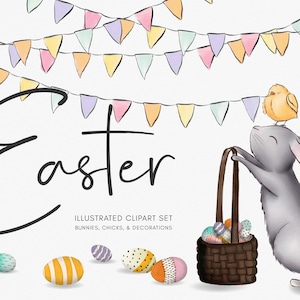 EASTER CLIPART ILLUSTRATIONS Hand painted bunnies & baby chicks character illustrations with sweet whimsical spring decorations image 1