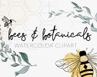 BEES + BOTANICALS | Watercolor Clipart Graphics | commercial use, wreaths, modern greens, SVG file, hive illustration, tattoo ink drawings