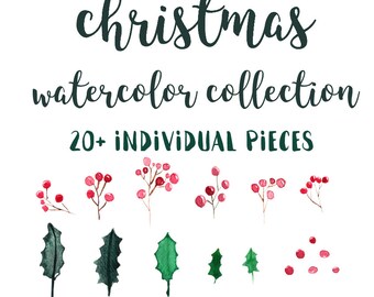 CHRISTMAS WATERCOLOR COLLECTION clipart, downloadable file, printable, watercolor floral, holidays, flowers, wreaths, ivy, holly, mistletoe