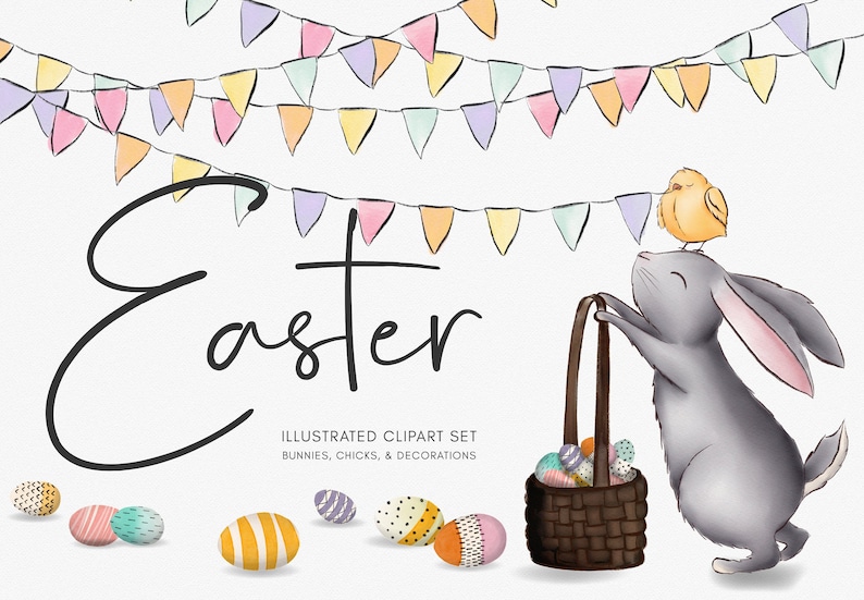 EASTER CLIPART ILLUSTRATIONS Hand painted bunnies & baby chicks character illustrations with sweet whimsical spring decorations image 1