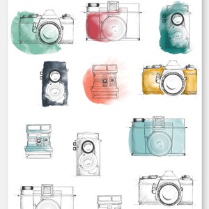 WATERCOLOR CAMERA CLIPART branding kit, commercial use, sketched photography logo art, sketchy vintage cameras, photographer blog graphics image 2