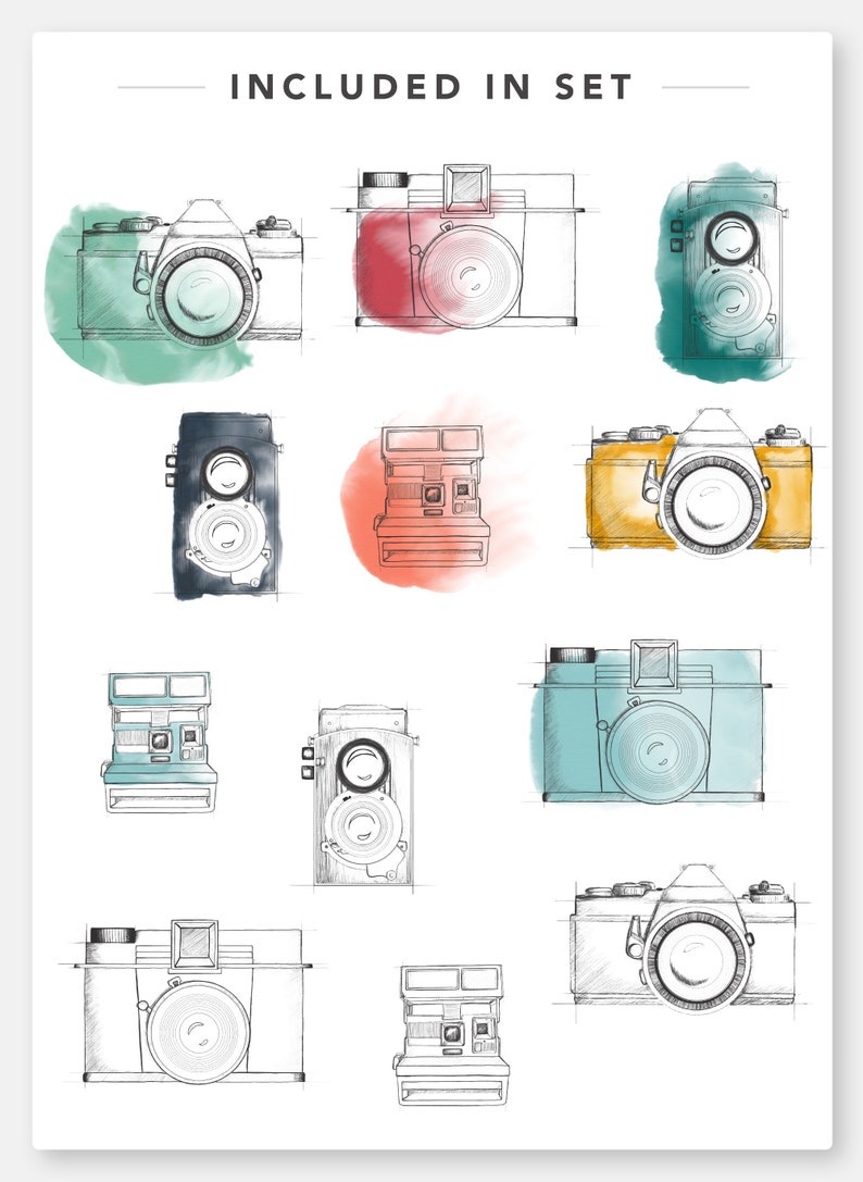 WATERCOLOR CAMERA CLIPART branding kit, commercial use, sketched photography logo art, sketchy vintage cameras, photographer blog graphics image 2