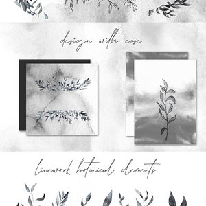 MISTY BOTANICAL CLIPART black and white muted watercolor graphics and linework art drawings, includes png and svg files for commercial use image 6