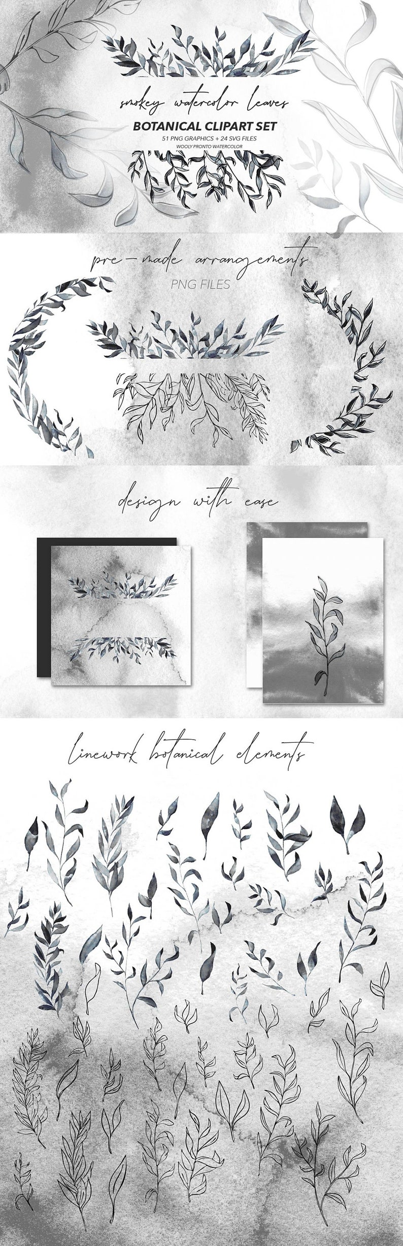 MISTY BOTANICAL CLIPART black and white muted watercolor graphics and linework art drawings, includes png and svg files for commercial use image 6