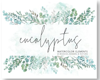 WATERCOLOR EUCALYPTUS CLIPART | muted watercolor texture washes with modern botanical greenery wreath graphics and elements, commercial use