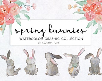 SPRING BUNNIES CLIPART | Instant Download Watercolor Easter floral rabbit clipart, cute bunny and greenery flowers graphics, commercial use