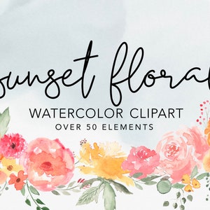 SUNSET FLORAL CLIPART Modern Watercolor Floral Peonies and Greenery Arrangement graphics for commercial use image 1