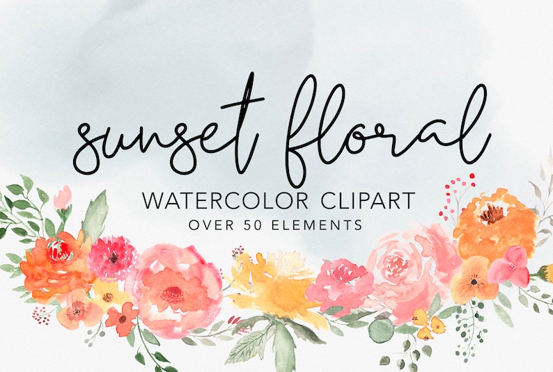 SUNSET FLORAL CLIPART Modern Watercolor Floral Peonies and Greenery Arrangement graphics for commercial use image 1