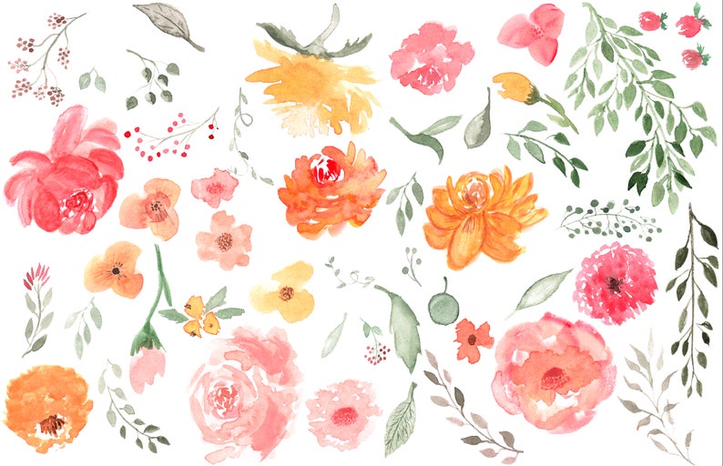 SUNSET FLORAL CLIPART bouquets wreath clipart floral design elements Clipart Flowers for commercial use digital watercolor leaves