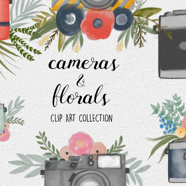 WATERCOLOR CAMERA CLIPART branding kit, commercial use, photography logo art, brand design graphics, bouquets, photo blog design elements