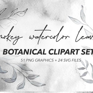 MISTY BOTANICAL CLIPART black and white muted watercolor graphics and linework art drawings, includes png and svg files for commercial use image 1